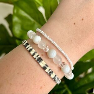 White Boho Glass Beaded & String Bracelet 3 Piece Bundle | Stack | Gift